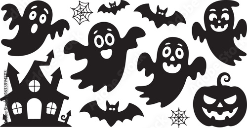 Set of Halloween silhouettes. Spooky characters collection with cute ghosts, jack-o-lantern, bats, and a scary haunted house.