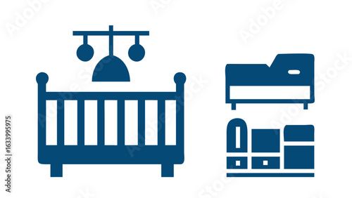 Wooden baby bed in nursery room with crib and furniture illustration
