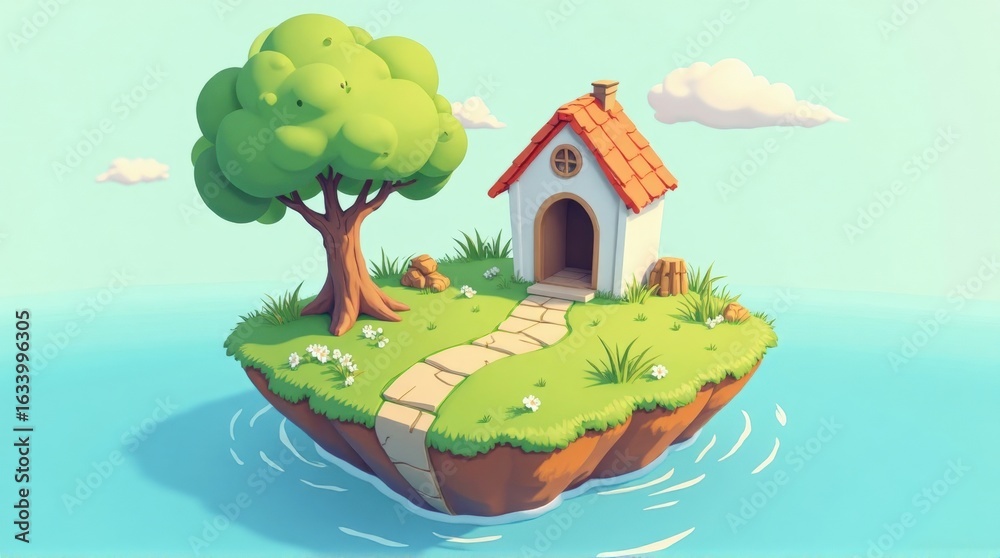 Fototapeta premium Cartoon Floating Island with Tree and Small House in Blue Water