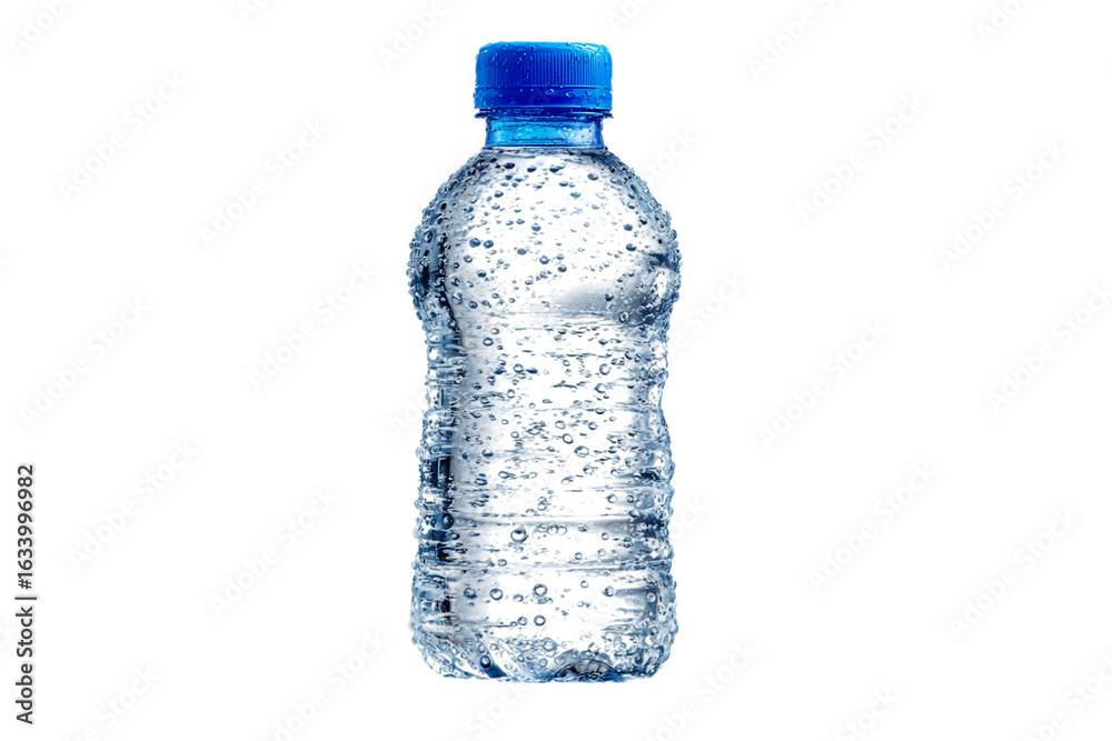 Fototapeta premium Close up of a plastic water bottle with a blue cap.