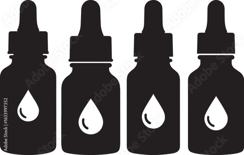 Four black glass dropper bottles with white liquid drops silhouette