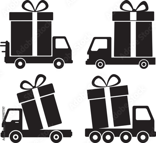 Four black silhouette trucks carrying large gift boxes with bows silhouette