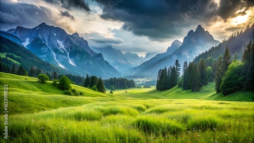 Wallpaper Mural Serene Alpine Meadow: Dramatic Sunset, Majestic Mountains, Lush Green Valley Torontodigital.ca