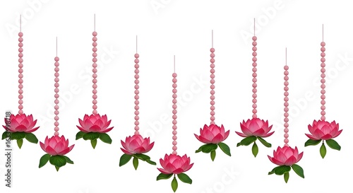 Hanging pink lotus flowers with green leaves and pink beaded strings on a white background display decor