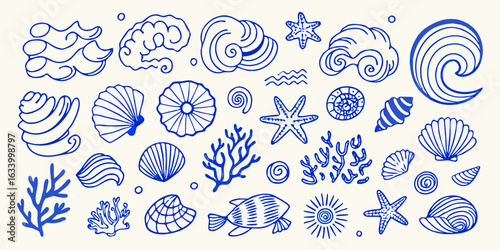 Blue line art collection of ocean life and seashells
