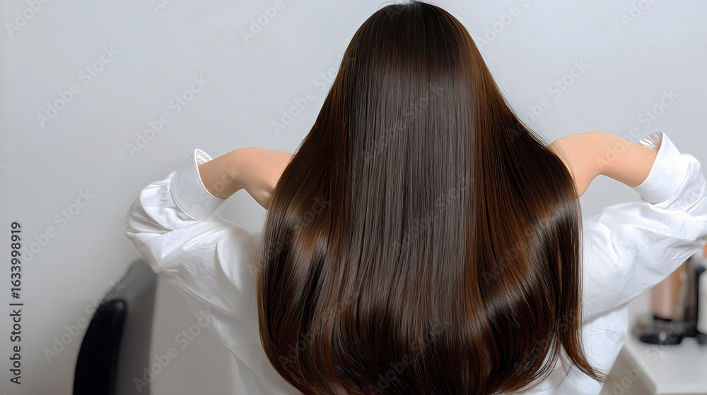 Fototapeta premium Back view of a woman with long shiny dark hair, pushing strands from collar of white shirt. 