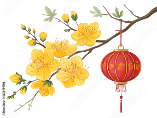 Vietnamese Lunar New Year: Apricot Blossom Branch with Red Lantern