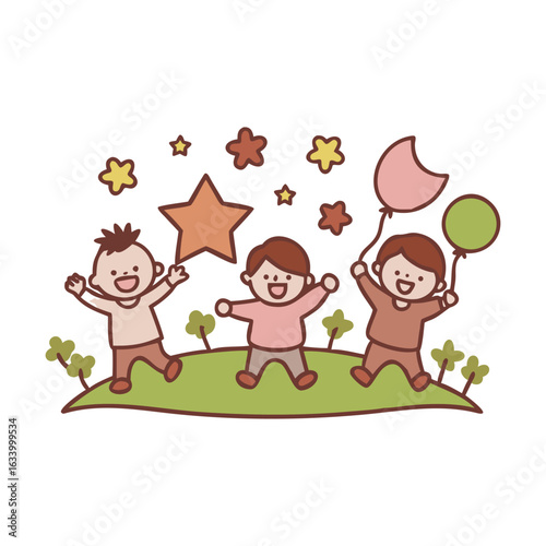 Festive children's day scene with children surrounded by colorful balloons, celebrating joy and togetherness.