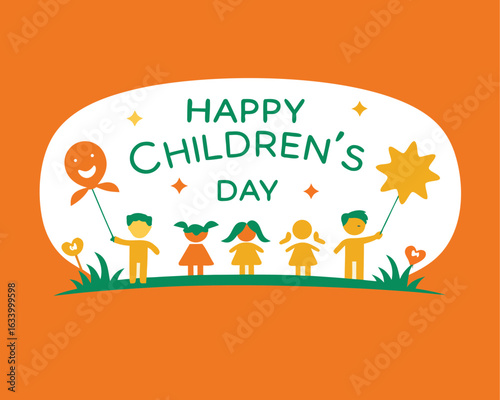 Festive children's day scene with children surrounded by colorful balloons, celebrating joy and togetherness.