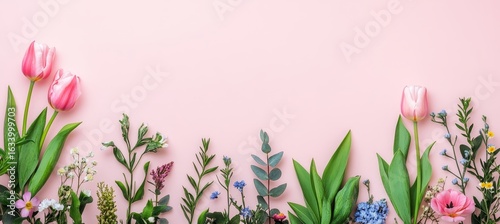 Pastel floral arrangement with vibrant tulips and delicate blossoms on a soft pink background.