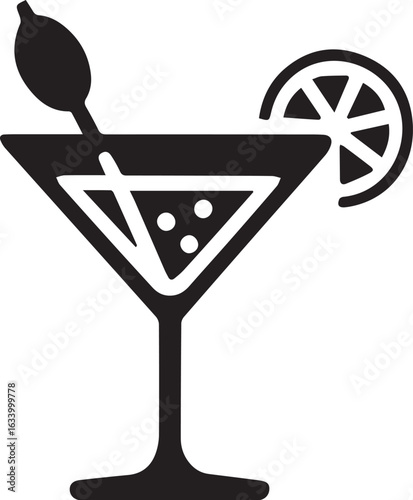 Martini glass with lemon slice and olive drink cocktail