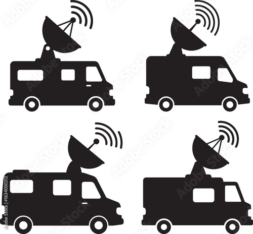 Four black silhouettes of satellite news vans with antennas broadcasting signals