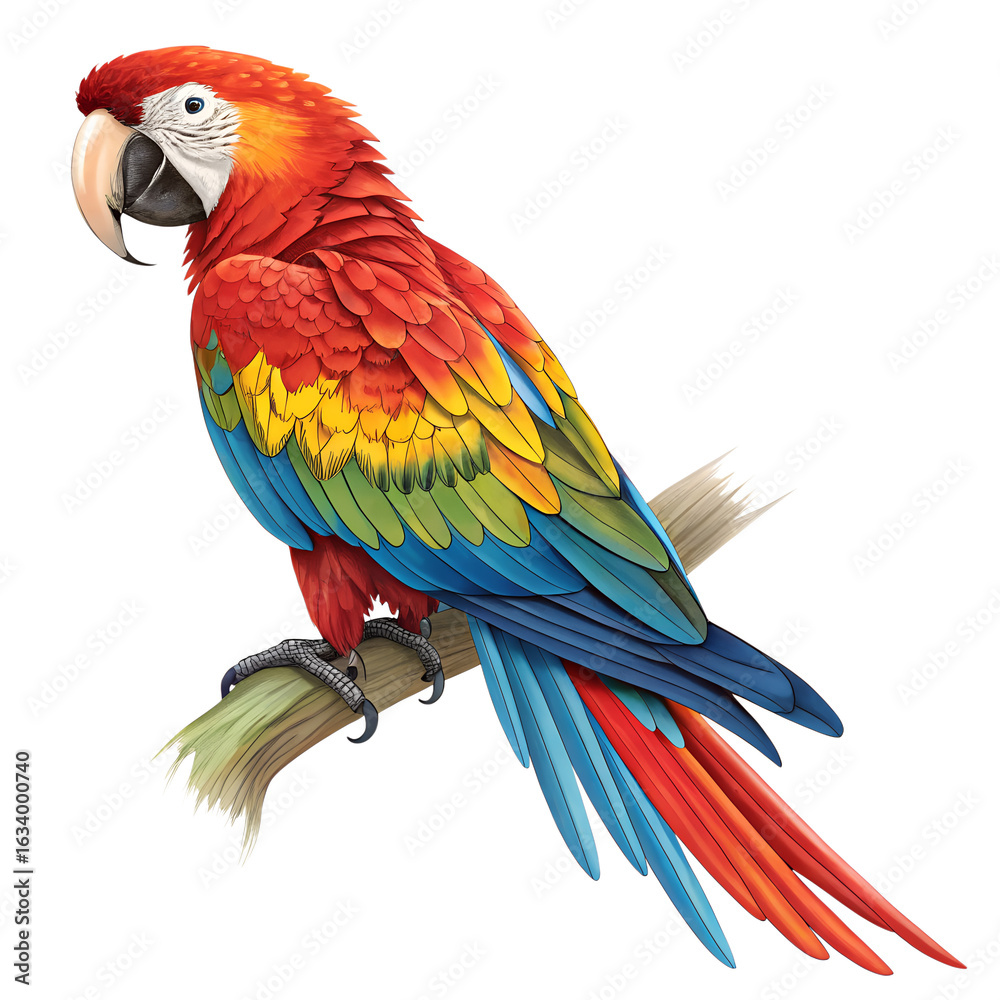 Fototapeta premium Scarlet macaw parrot perched on a branch tropical bird colorful plumage exotic avian wildlife illustration