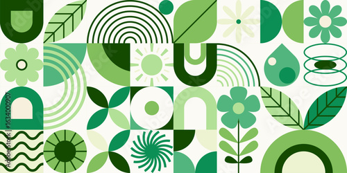 Green geometric nature vector pattern in minimal flat style – eco leaf, flower, globe, bird composition