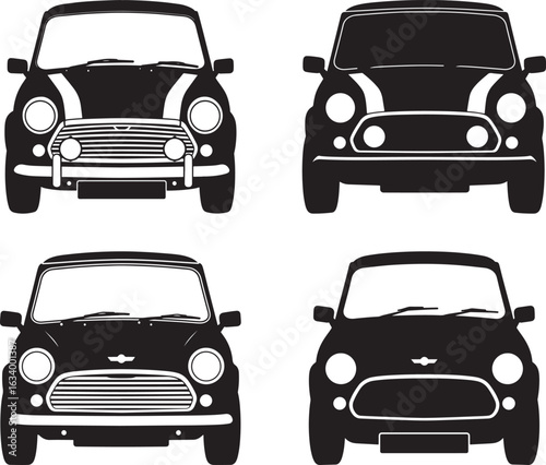 Four classic mini cooper cars front view silhouette