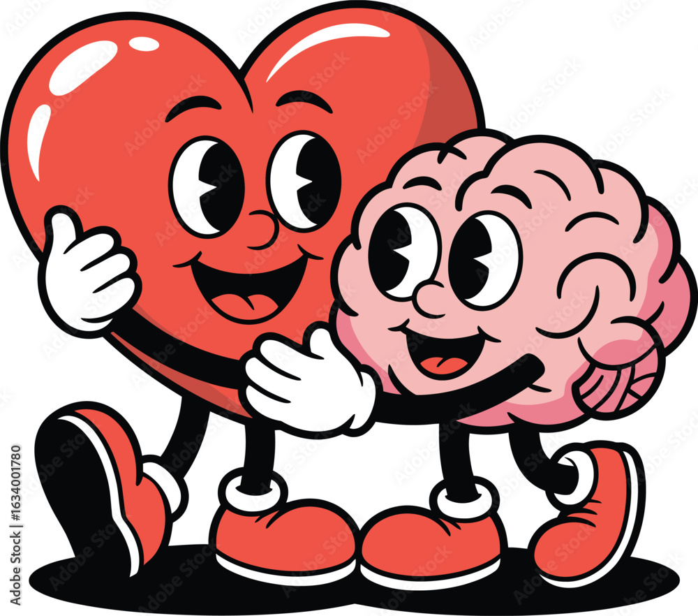 Fototapeta premium A cute cartoon couple of smiling hearts with a red heart icon represents a fun and sweet Valentine's Day romance