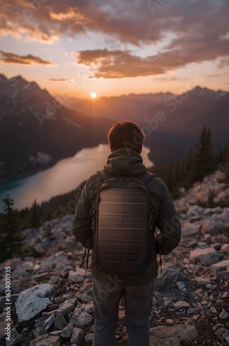 Hiker with Solar-Powered Backpack in the Mountains by the Lake
