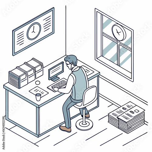 Isometric Office Workspace Illustration – Man Working at Desk with Computer and Files