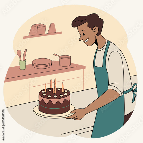 Cartoon Baker Holding Birthday Cake – Celebration and Baking Illustration
