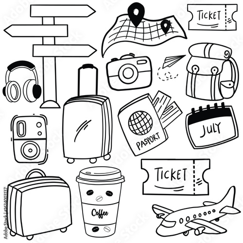 Hand drawn set of traveling doodles, Summer doodle stickers set. Tropical vacation on beach scrapbooking collection. Plane, ticket, and other travel elements.