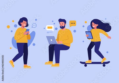 Three diverse people engaged in modern communication activities, showcasing different digital interactions.