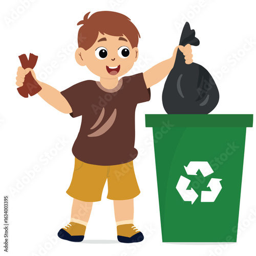 Little boy is throw away garbage in bin. Vector illustration in cartoon character flat style. little boy throwing trash bag in recycle bin vector image