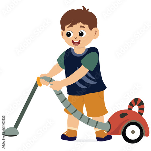 cute boy helping vacuum clean. Little boy happy child holding cleaner in hands. Housekeeping activity. cute boy helps cleaning floor at home vector illustration.