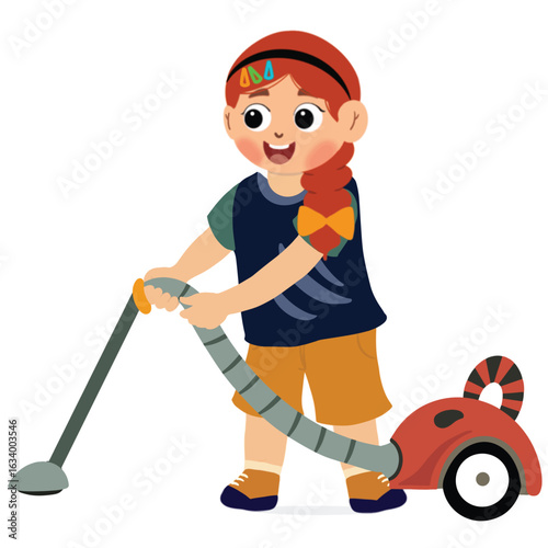 cute girl helping vacuum clean. Little girl happy child holding cleaner in hands. Housekeeping activity. cute girl helps cleaning floor at home vector illustration.