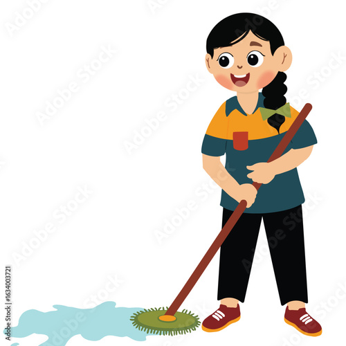 little kids mop up spilled water. little girl mopping the floor. Kids doing housework chores at home concept.