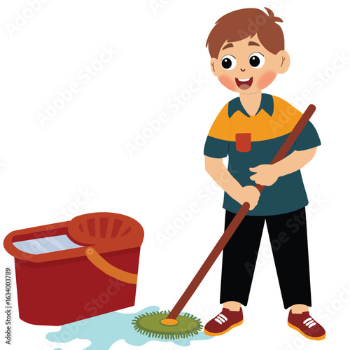 little boy mop up spilled water. little boy mopping the floor. Kids doing housework chores at home concept.