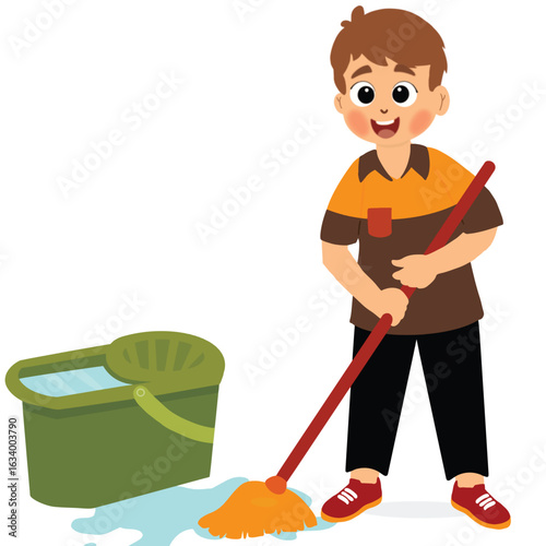 little boy mop up spilled water. little boy mopping the floor. Kids doing housework chores at home concept.