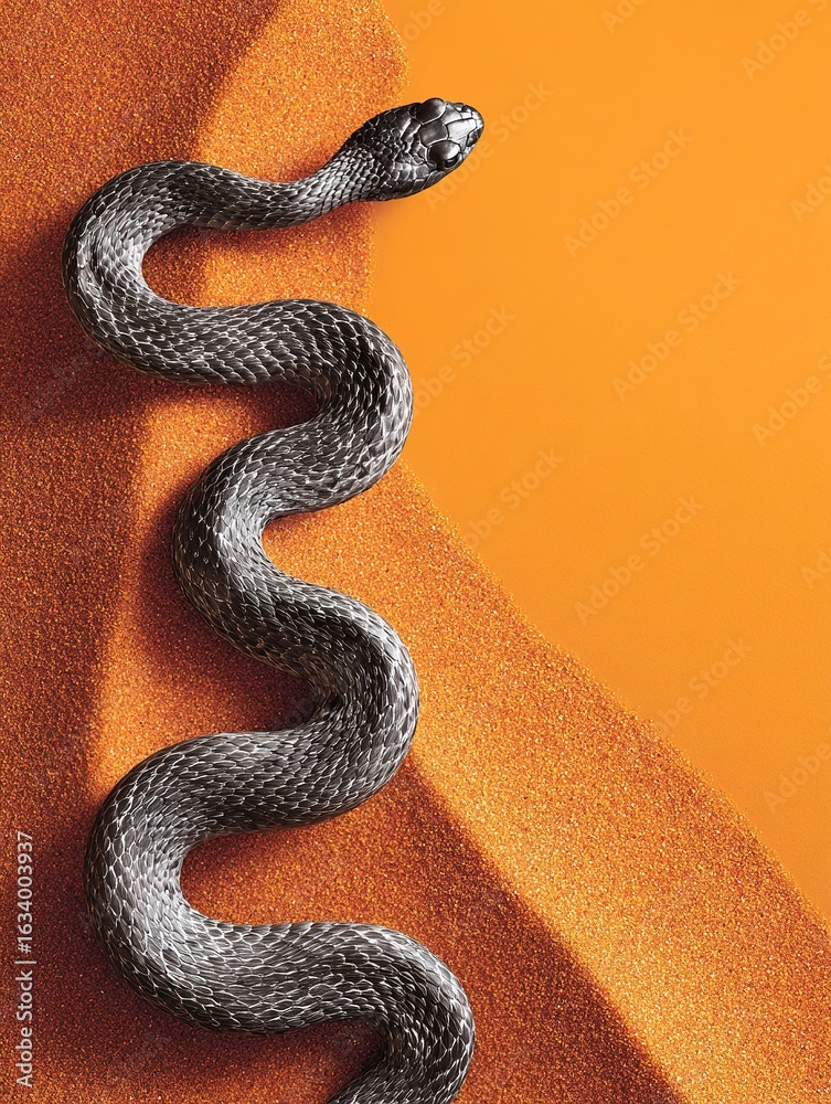 Fototapeta premium Small snake moving across orange sand