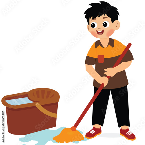 little boy mop up spilled water. little boy mopping the floor. Kids doing housework chores at home concept.