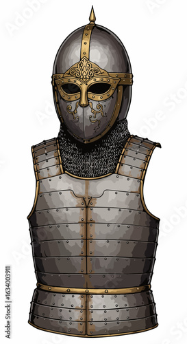 Medieval knight armor with helmet and chainmail in detailed design  