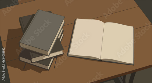 Stacked books and open notebook on wooden table in casual setting  
