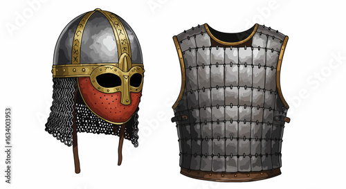 Historical Viking helmet and armor set on white background  
