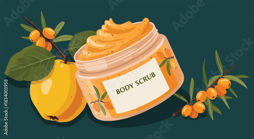Body scrub jar with lemon and sea buckthorn leaves on green background  