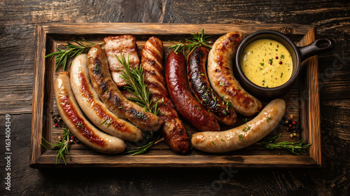 A delicious-looking platter of various German sausages (Bratwurst, Weisswurst), served on a simple wooden board with a side of mustard, shot from a top-down angle.