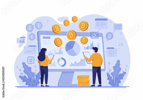 Two people analyze cryptocurrency data on a large computer screen, showing charts and coins.