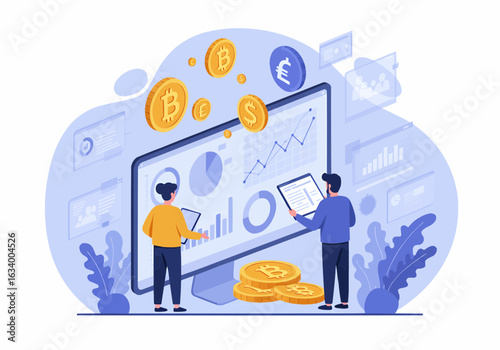 Two analysts review cryptocurrency market data displayed on a large computer screen, showing financial charts and Bitcoin symbols.