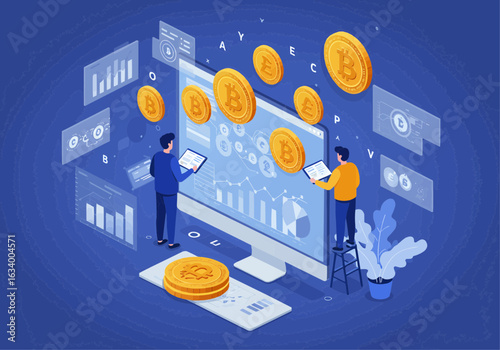 Two individuals analyzing data related to cryptocurrency, with bitcoin symbols and charts.