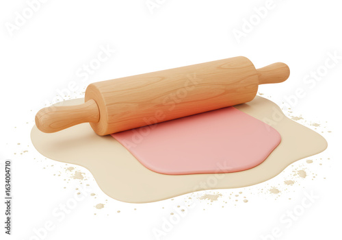 Isolated Wooden Rolling Pin on Dough Ready for Baking