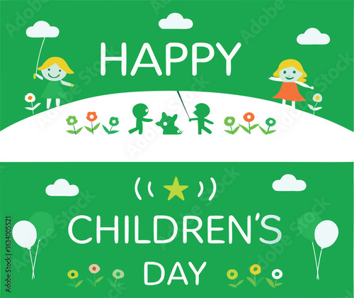 Vibrant scene of children celebrating with balloons, creating a cheerful children's day background