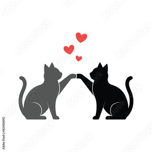 Silhouettes of two cats paw-shaking with floating hearts, symbolizing love and friendship.

