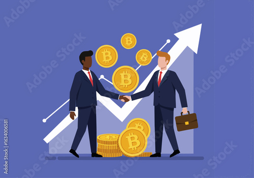 Two businessmen shaking hands, celebrating a successful cryptocurrency investment and growth.