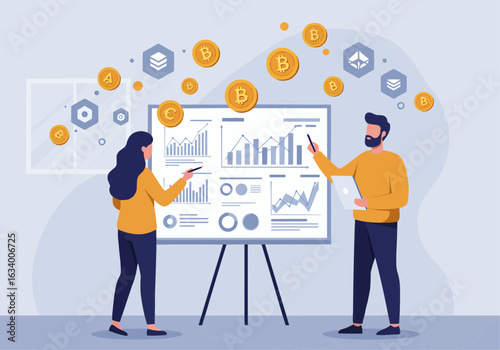 Two business professionals presenting financial data and cryptocurrency symbols on a whiteboard.