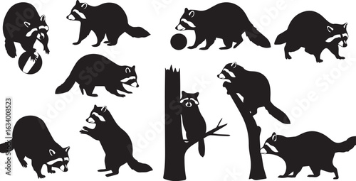 Assortment of black raccoon silhouettes interacting with objects and environment on white raccoons animal