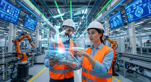 Two Engineers in Safety Vests Use a Tablet to Interact With Holographic Data in a High-tech Factory 