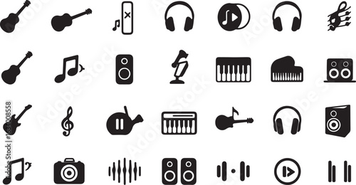 Assortment of Black Silhouette Music and Audio Icons guitar electric guitar