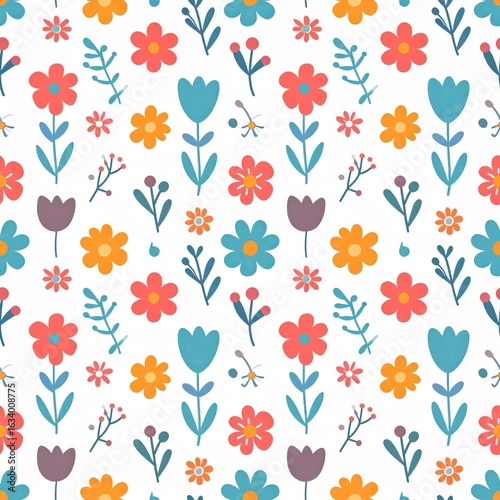 Wallpaper Mural Charming Folk Art Floral Pattern with Stylized Coral and Teal Blooms. Torontodigital.ca